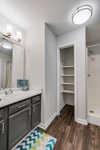 Spacious Bathroom with Built In Shelving and Large Vanity